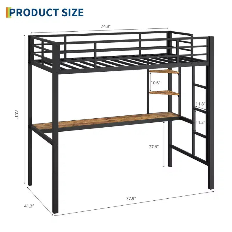 Lit mezzanine double avec grand bureau et étagères de rangement, lit mezzanine en métal avec garde-corps de sécurité et échelle pour enfants et adultes, peu encombrant