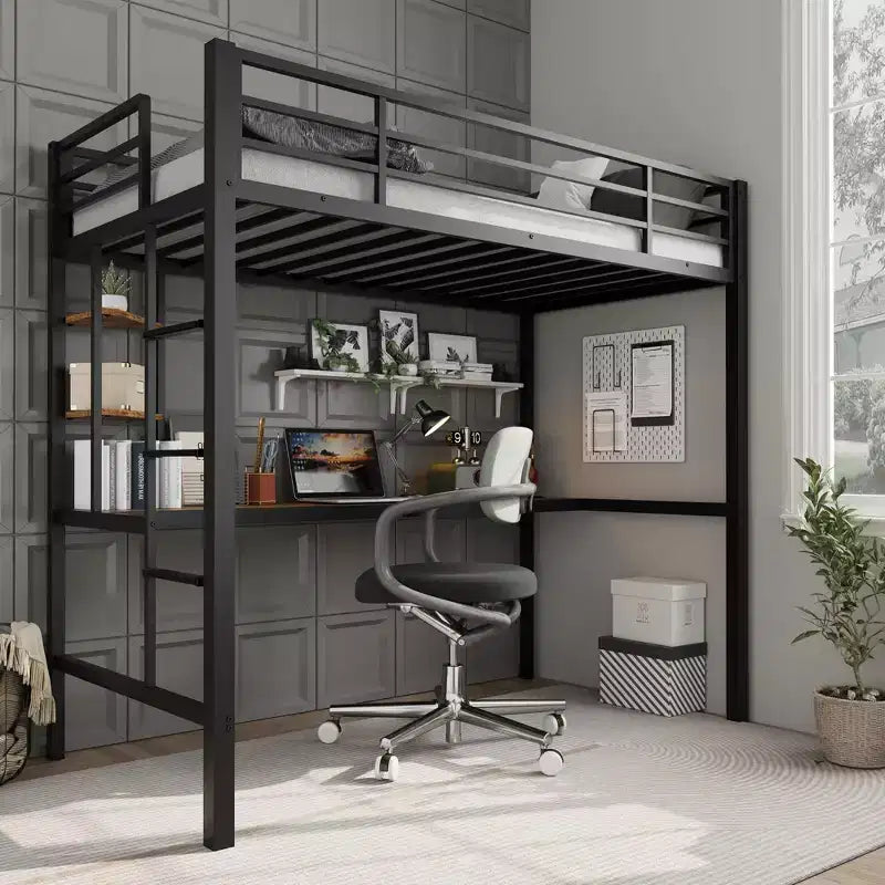 Lit mezzanine double avec grand bureau et étagères de rangement, lit mezzanine en métal avec garde-corps de sécurité et échelle pour enfants et adultes, peu encombrant