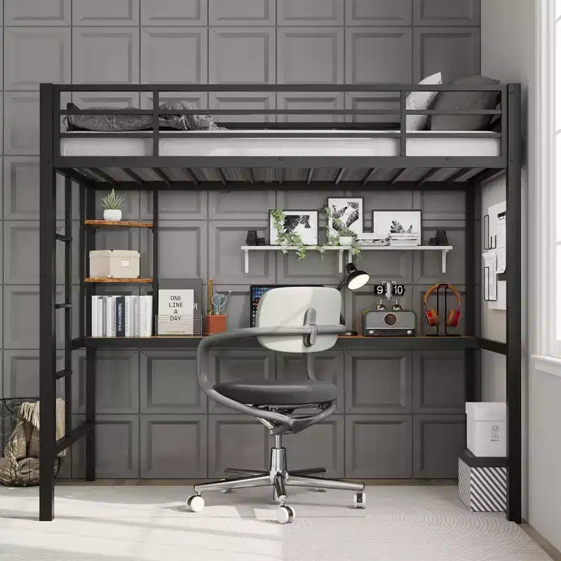 Twin Size Loft Bed with Large Desk and Storage Shelves, Metal Loft Bed with Safety Guardrail and Ladder for Kids and Adults, Space Saving