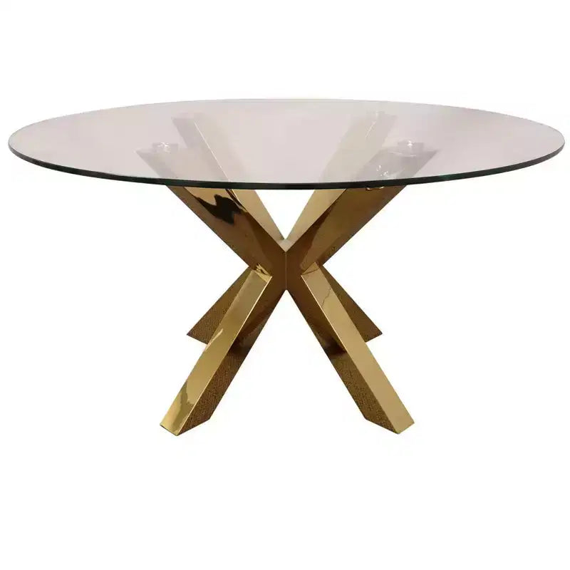 HomeRoots 54 Clear and Gold Glass and Metal Cross Leg Base Round Top Dining Table