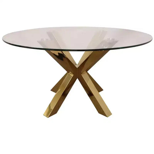 HomeRoots 54 Clear and Gold Glass and Metal Cross Leg Base Round Top Dining Table