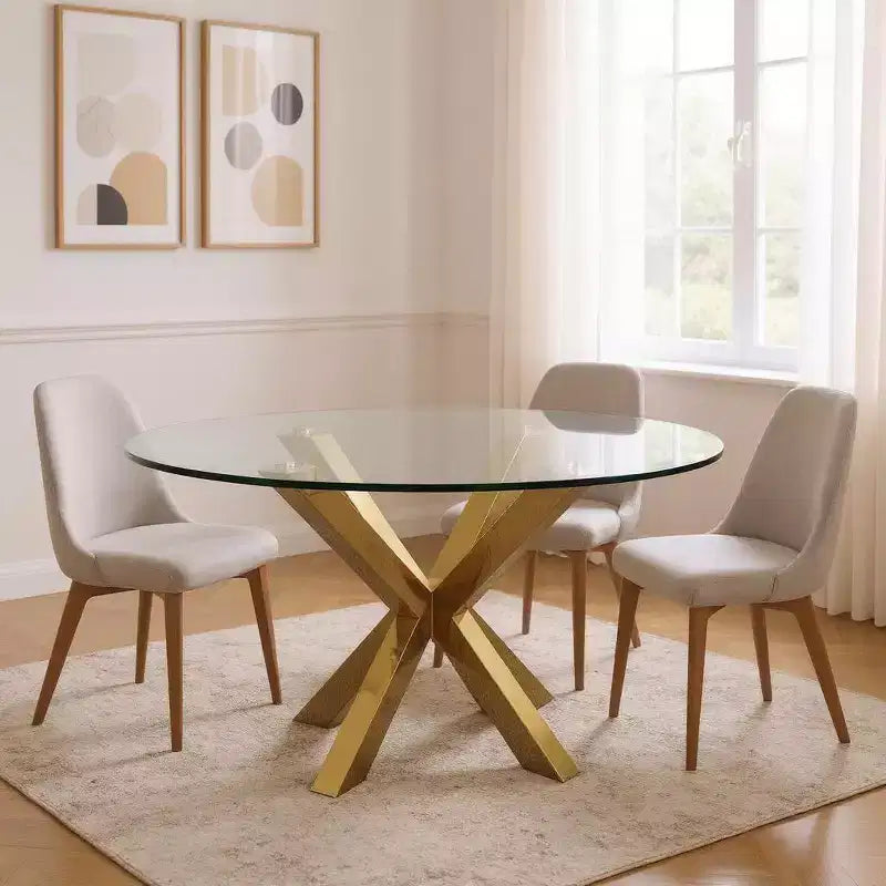 Table à manger ronde à piètement croisé en verre et métal doré, 54 pouces