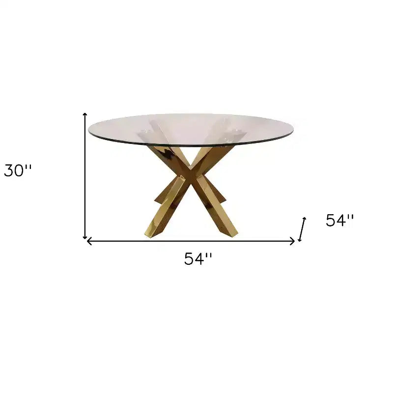 Table à manger ronde à piètement croisé en verre et métal doré, 54 pouces