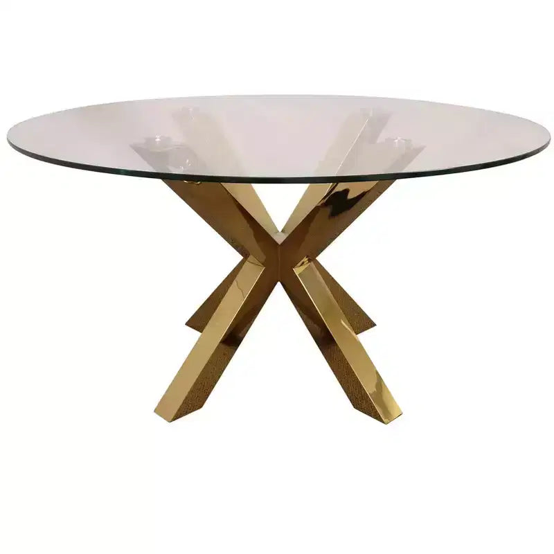 Table à manger ronde à piètement croisé en verre et métal doré, 54 pouces