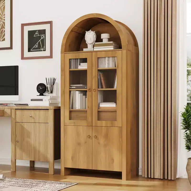 Armoire haute de 180 cm avec portes, Armoire de cuisine voûtée avec tiroir caché, Étagères réglables, Armoires de rangement modernes avec affichage