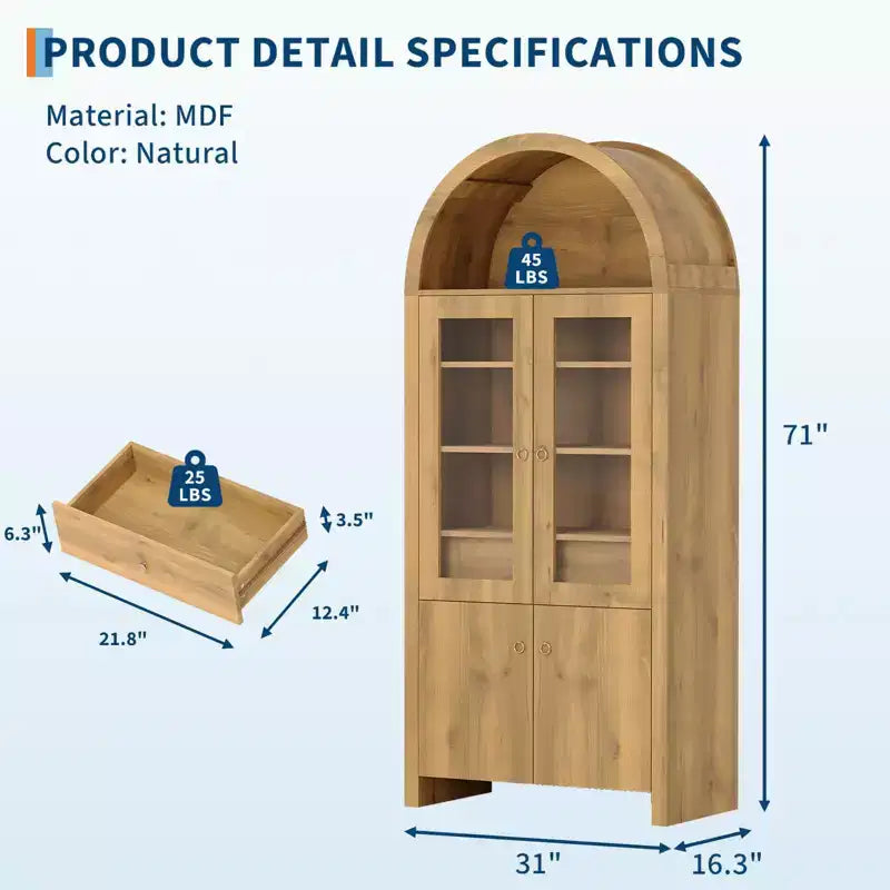 Armoire haute de 180 cm avec portes, Armoire de cuisine voûtée avec tiroir caché, Étagères réglables, Armoires de rangement modernes avec affichage