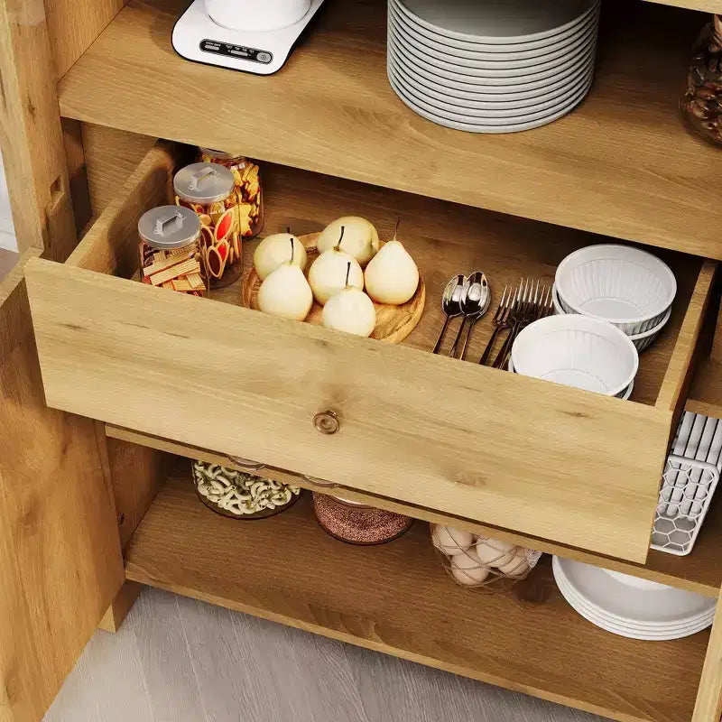Armoire haute de 180 cm avec portes, Armoire de cuisine voûtée avec tiroir caché, Étagères réglables, Armoires de rangement modernes avec affichage