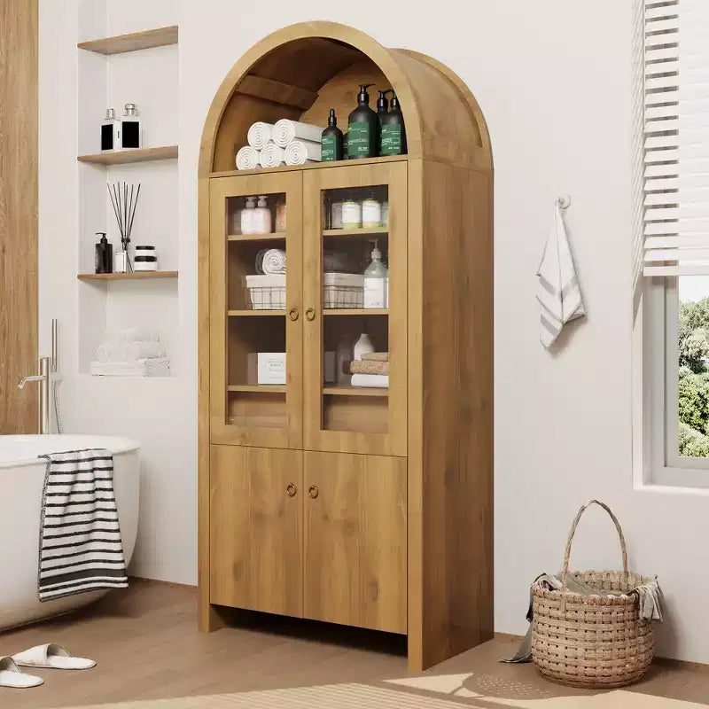 Armoire haute de 180 cm avec portes, Armoire de cuisine voûtée avec tiroir caché, Étagères réglables, Armoires de rangement modernes avec affichage
