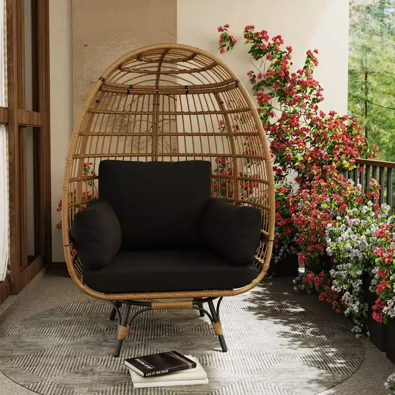 360 Swivel Oversized Egg Chair, PE Rattan Patio Lounge Chair with Plush Cushion, Steel Frame & Metal Base, Waterproof Wicker Basket Design