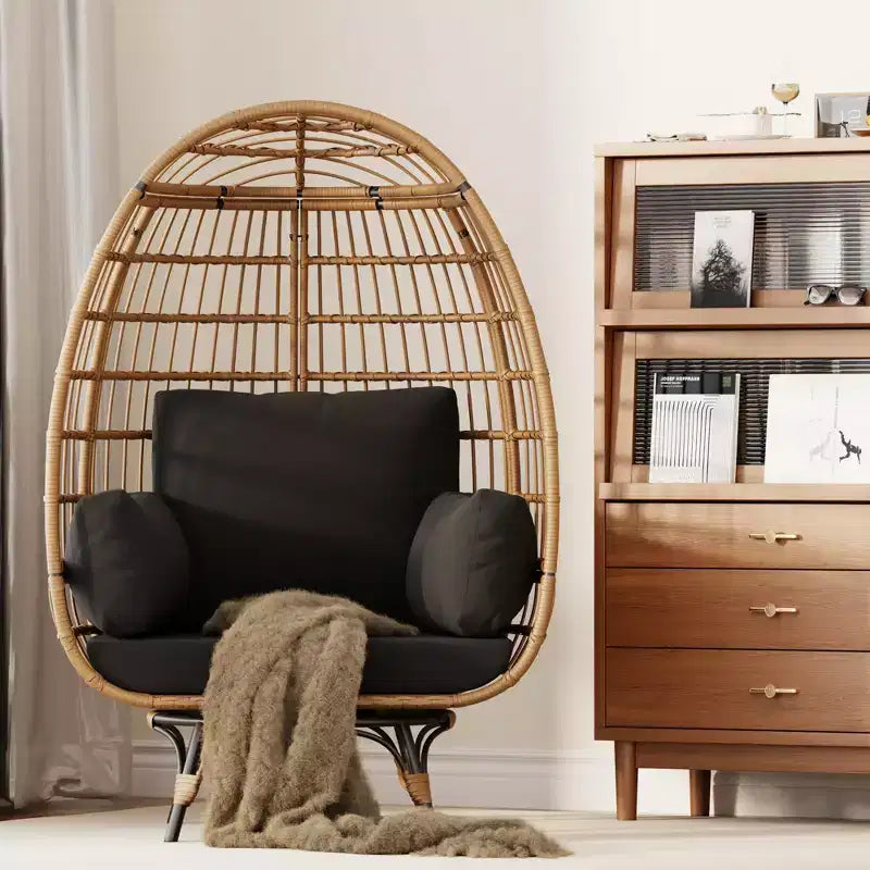 Fauteuil œuf surdimensionné pivotant à 360°, chaise longue de jardin en rotin PE avec coussin moelleux, cadre en acier et base en métal, conception de panier en osier étanche