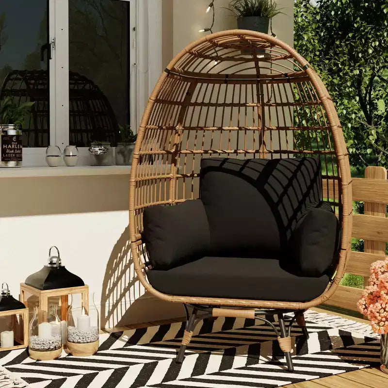 Fauteuil œuf surdimensionné pivotant à 360°, chaise longue de jardin en rotin PE avec coussin moelleux, cadre en acier et base en métal, conception de panier en osier étanche