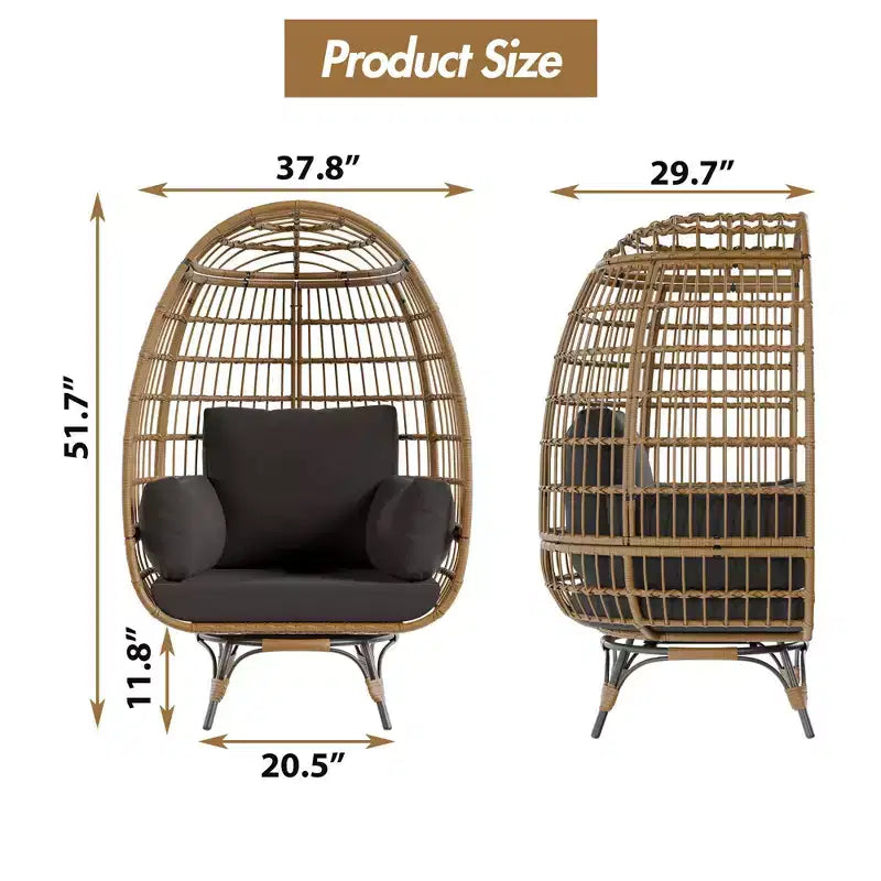 Fauteuil œuf surdimensionné pivotant à 360°, chaise longue de jardin en rotin PE avec coussin moelleux, cadre en acier et base en métal, conception de panier en osier étanche