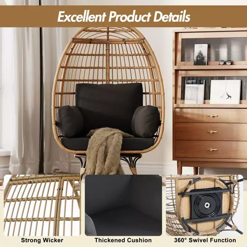 Fauteuil œuf surdimensionné pivotant à 360°, chaise longue de jardin en rotin PE avec coussin moelleux, cadre en acier et base en métal, conception de panier en osier étanche