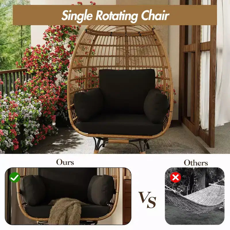 Fauteuil œuf surdimensionné pivotant à 360°, chaise longue de jardin en rotin PE avec coussin moelleux, cadre en acier et base en métal, conception de panier en osier étanche