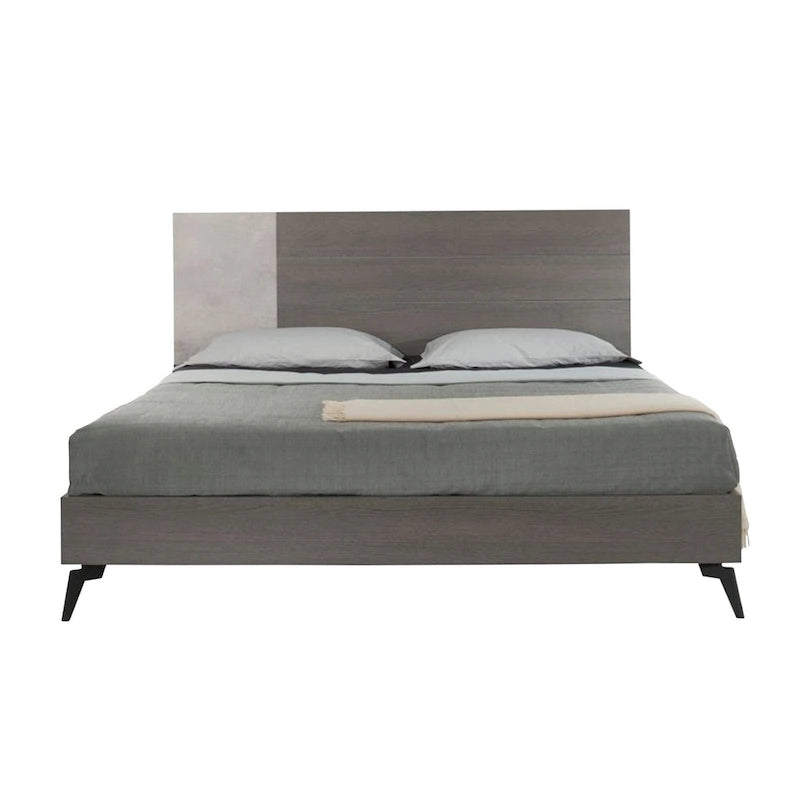 Lit plateforme King Size, pieds en métal noir, tête de lit à panneaux gris