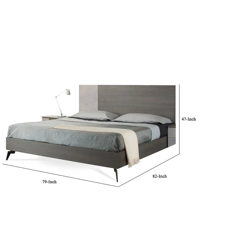 Lit plateforme King Size, pieds en métal noir, tête de lit à panneaux gris