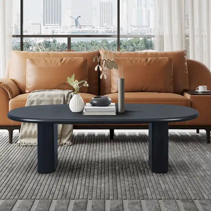 Modern Coffee Table Oval Coffee Table with 2 Vertical Thick Feet Rounded Edges, for Living Rooms Antique Black