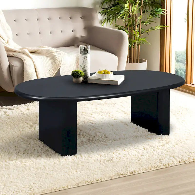 Table basse moderne Table basse ovale avec 2 pieds épais verticaux Bords arrondis, pour salons Noir antique