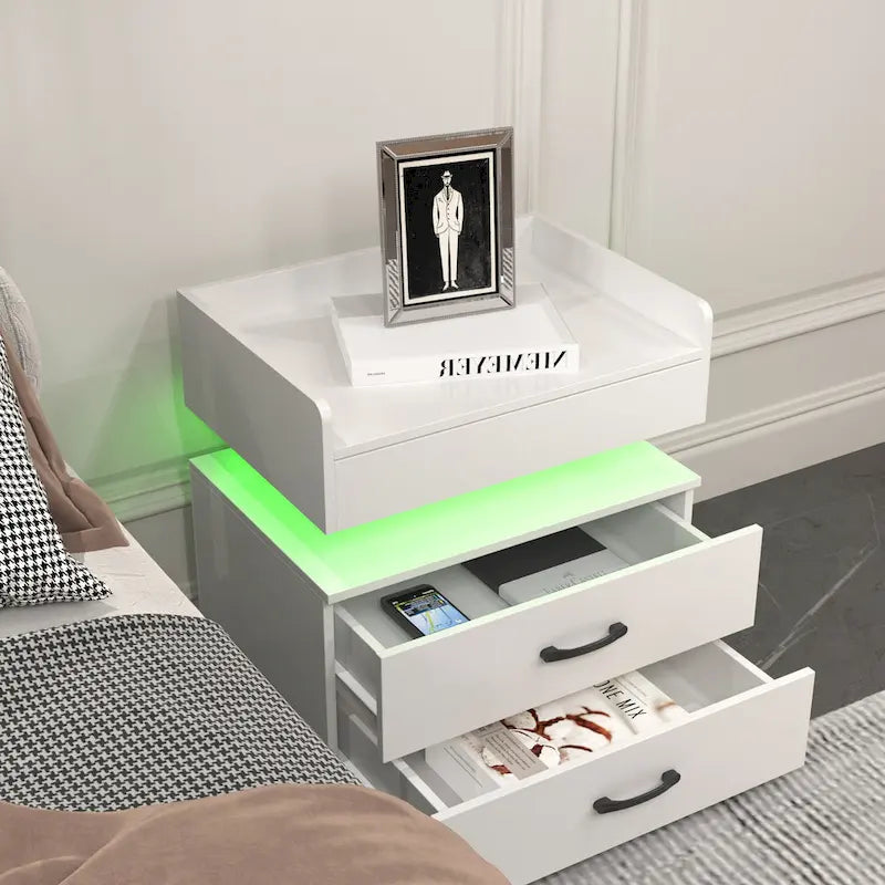 Table de chevet intelligente avec bande lumineuse LED réglable, armoire de rangement à 2 tiroirs, table d'appoint de canapé, table basse