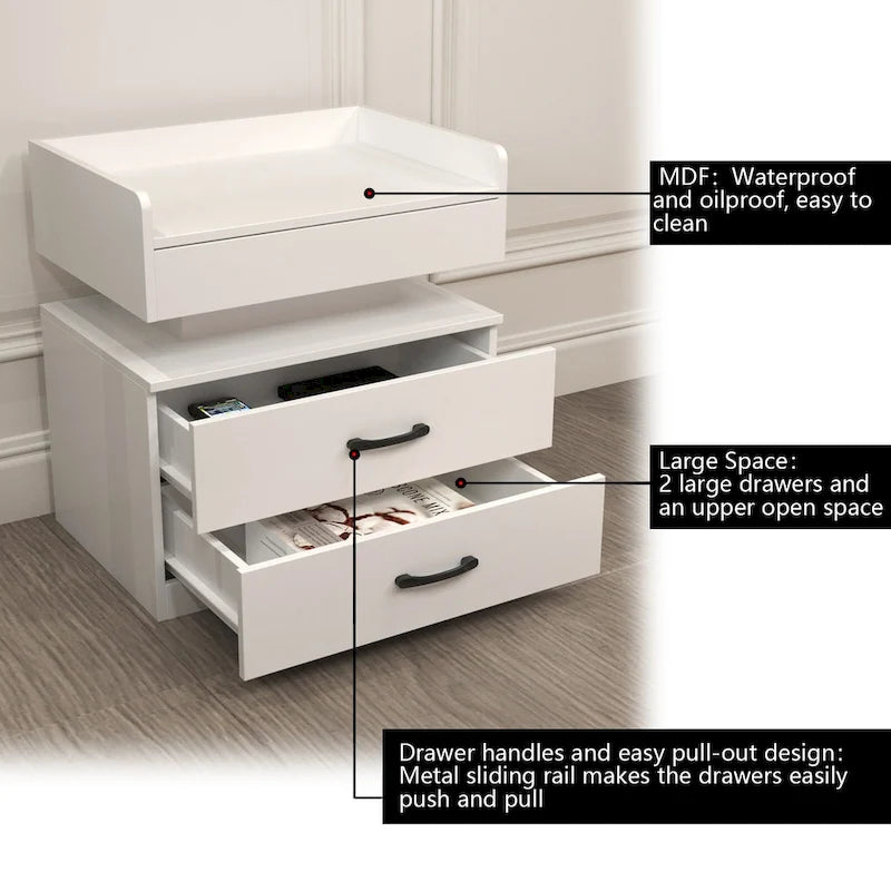 Table de chevet intelligente avec bande lumineuse LED réglable, armoire de rangement à 2 tiroirs, table d'appoint de canapé, table basse