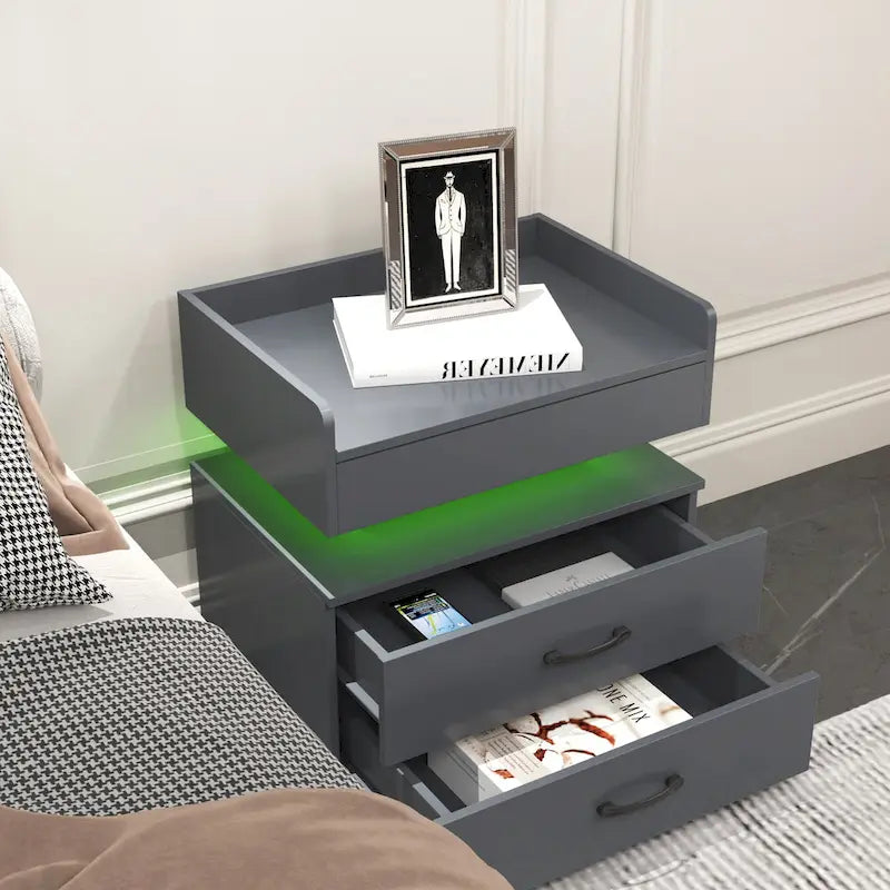 Table de chevet intelligente avec bande lumineuse LED réglable, armoire de rangement à 2 tiroirs, table d'appoint de canapé, table basse