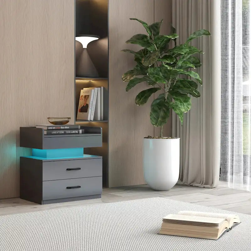 Table de chevet intelligente avec bande lumineuse LED réglable, armoire de rangement à 2 tiroirs, table d'appoint de canapé, table basse