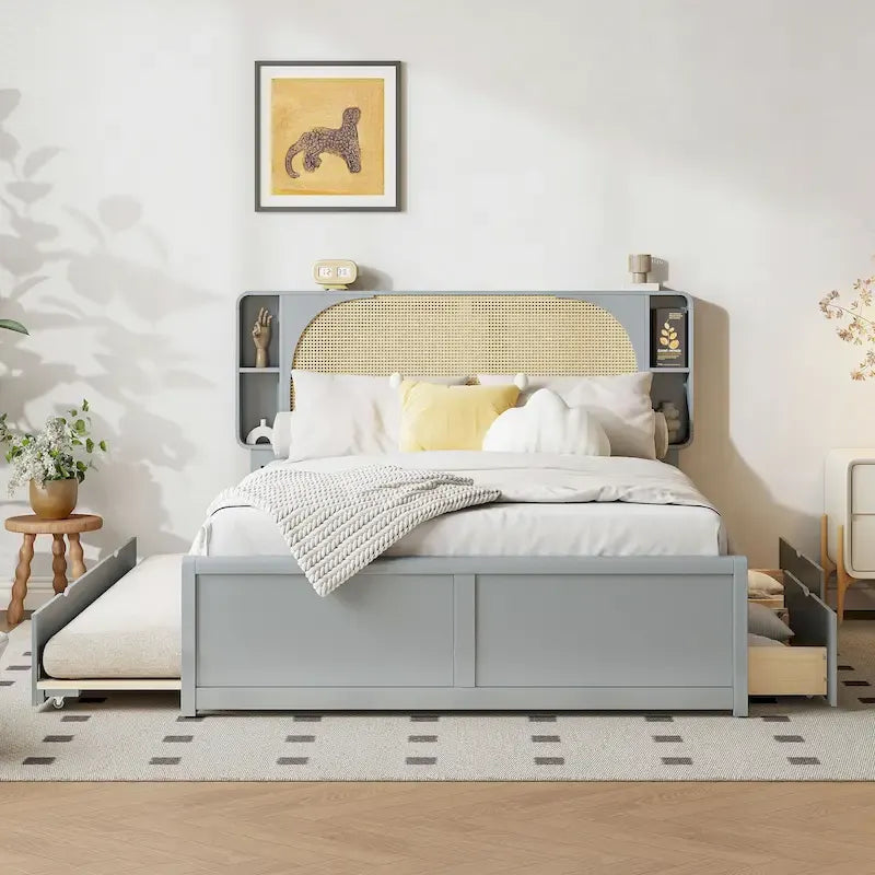 Lit plateforme Queen Size avec tête de lit en rotin, 2 tiroirs et lit gigogne, cadre de lit en bois avec étagères