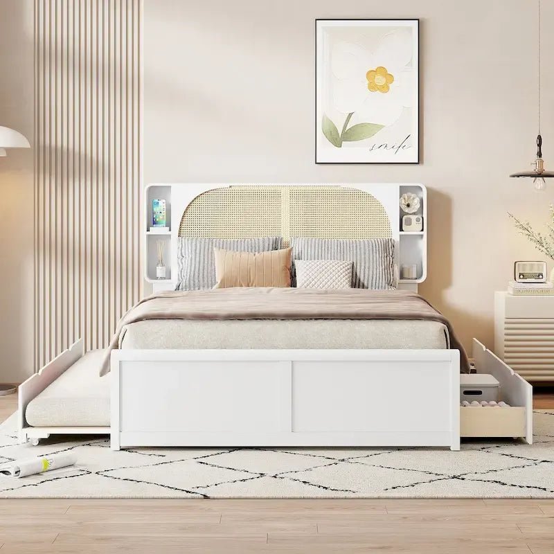 Lit plateforme Queen Size avec tête de lit en rotin, 2 tiroirs et lit gigogne, cadre de lit en bois avec étagères
