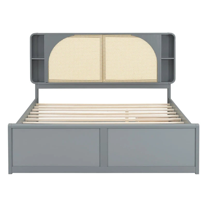 Lit plateforme Queen Size avec tête de lit en rotin, 2 tiroirs et lit gigogne, cadre de lit en bois avec étagères