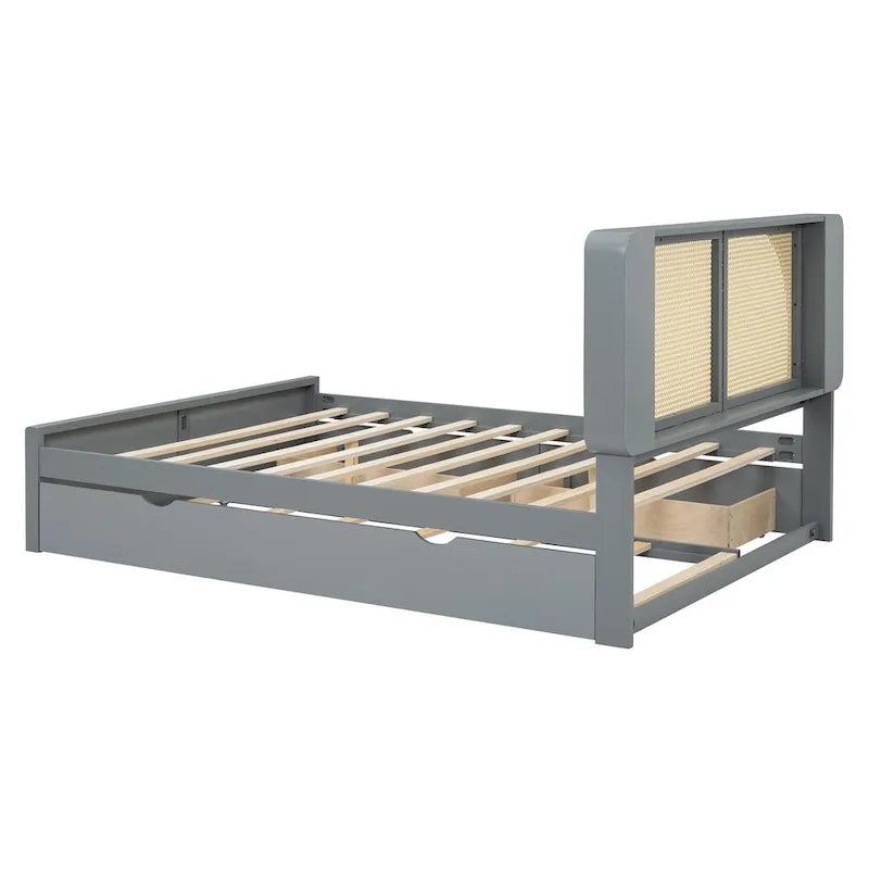 Lit plateforme Queen Size avec tête de lit en rotin, 2 tiroirs et lit gigogne, cadre de lit en bois avec étagères