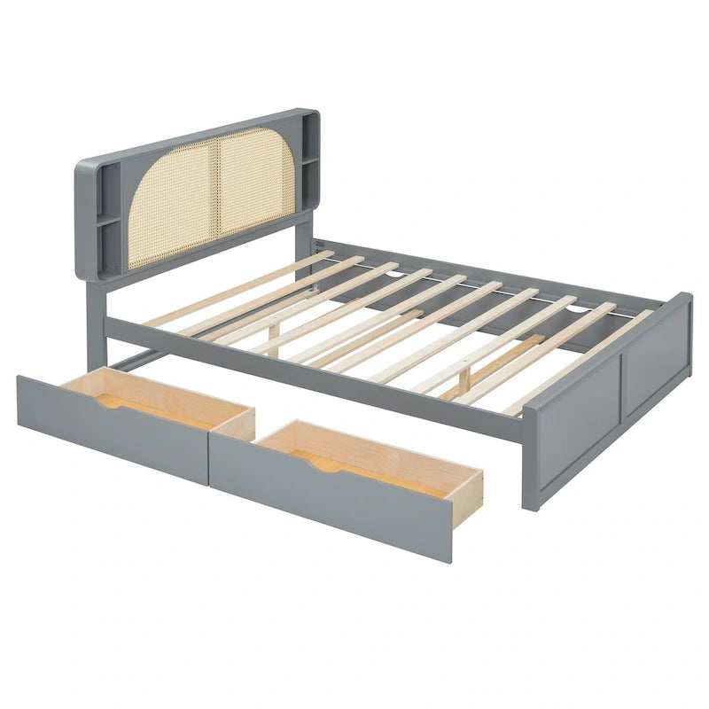 Lit plateforme Queen Size avec tête de lit en rotin, 2 tiroirs et lit gigogne, cadre de lit en bois avec étagères