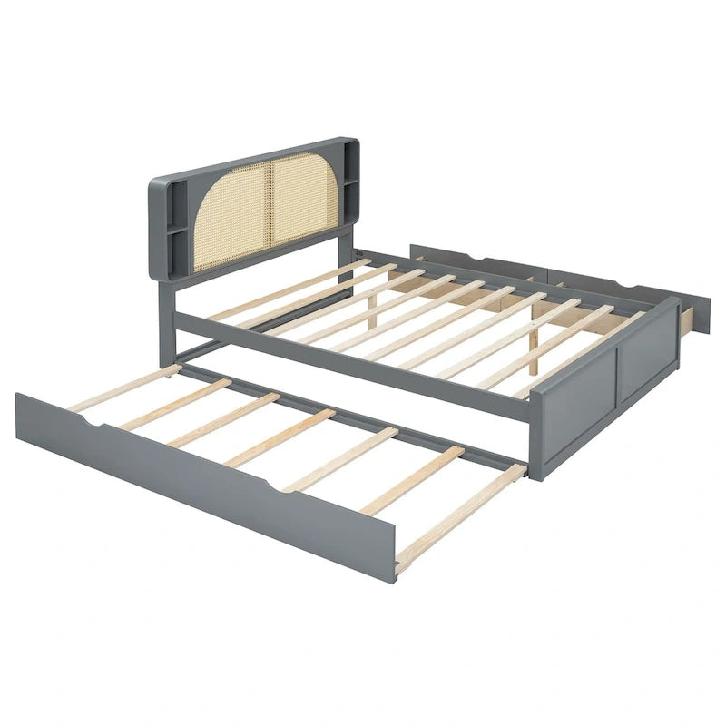 Lit plateforme Queen Size avec tête de lit en rotin, 2 tiroirs et lit gigogne, cadre de lit en bois avec étagères
