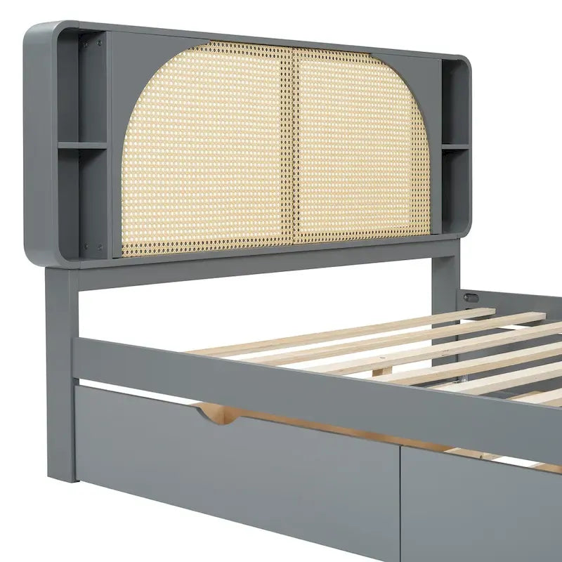 Lit plateforme Queen Size avec tête de lit en rotin, 2 tiroirs et lit gigogne, cadre de lit en bois avec étagères