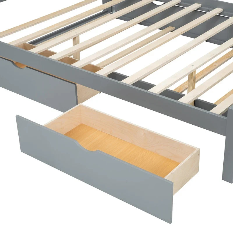 Lit plateforme Queen Size avec tête de lit en rotin, 2 tiroirs et lit gigogne, cadre de lit en bois avec étagères