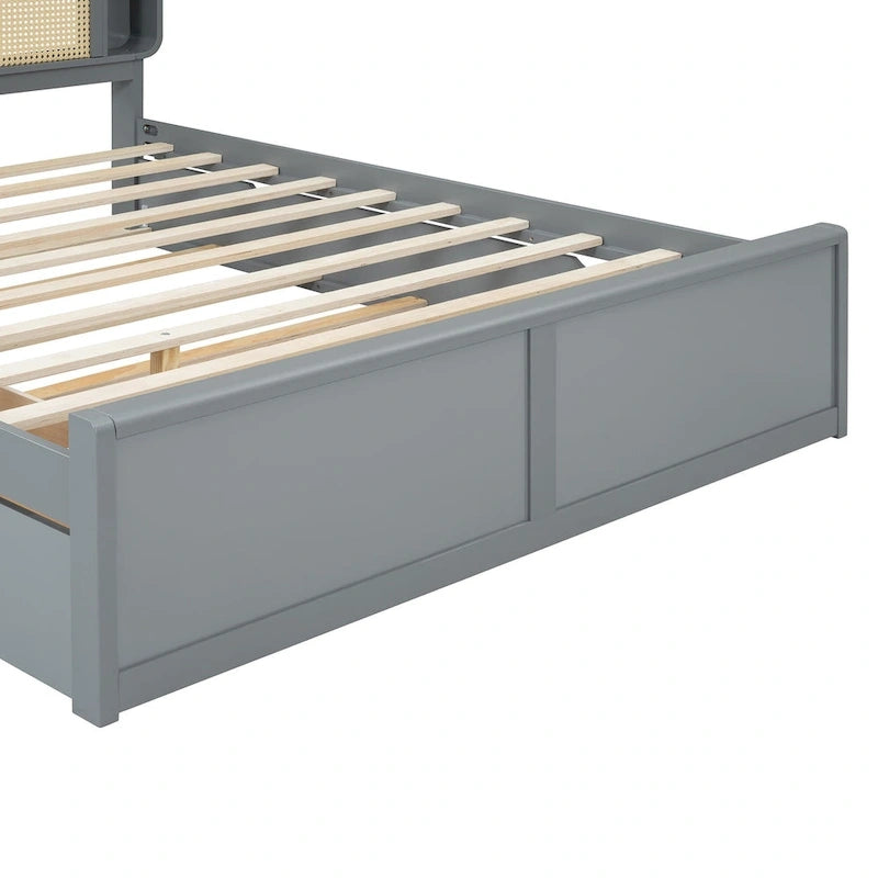 Lit plateforme Queen Size avec tête de lit en rotin, 2 tiroirs et lit gigogne, cadre de lit en bois avec étagères