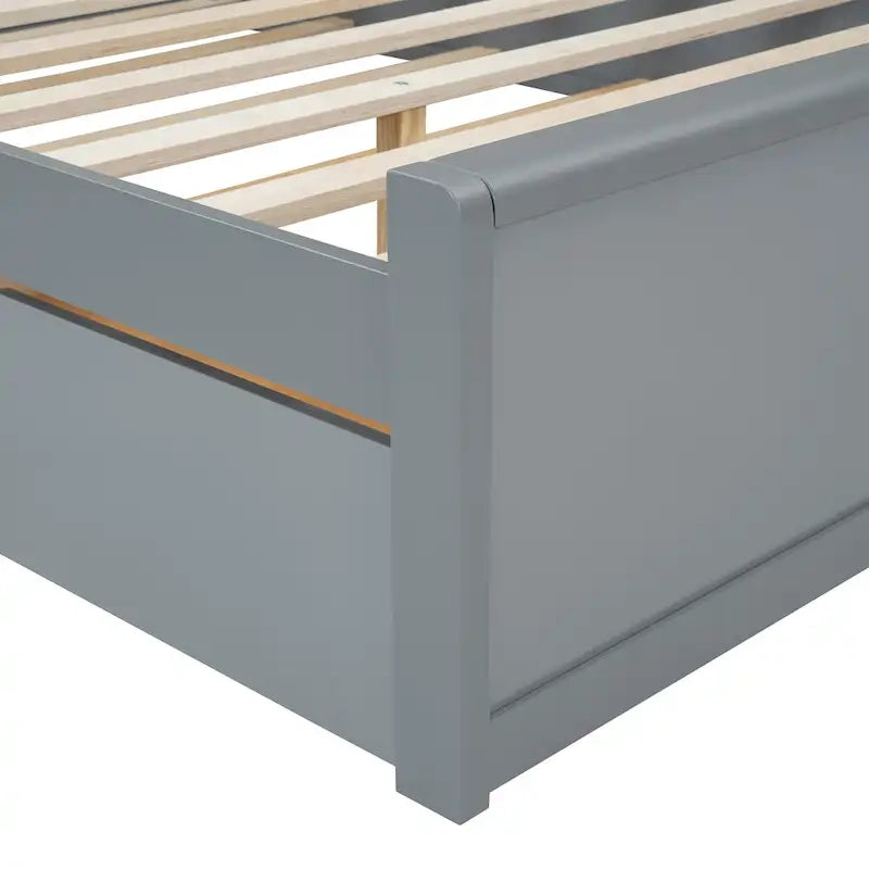 Lit plateforme Queen Size avec tête de lit en rotin, 2 tiroirs et lit gigogne, cadre de lit en bois avec étagères