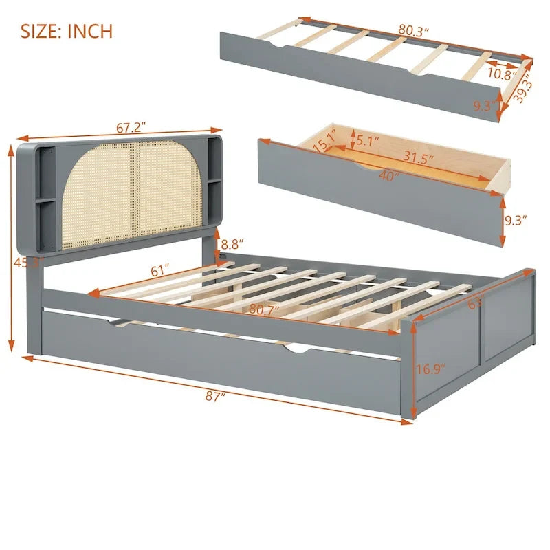 Lit plateforme Queen Size avec tête de lit en rotin, 2 tiroirs et lit gigogne, cadre de lit en bois avec étagères