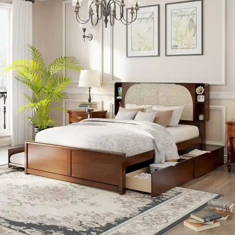 Lit plateforme Queen Size avec tête de lit en rotin, 2 tiroirs et lit gigogne, cadre de lit en bois avec étagères