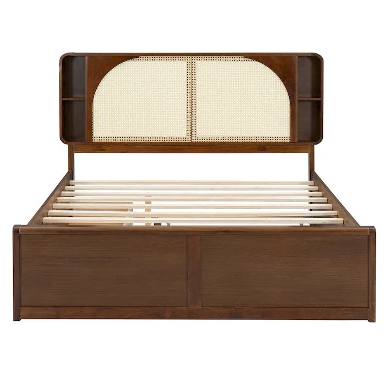 Lit plateforme Queen Size avec tête de lit en rotin, 2 tiroirs et lit gigogne, cadre de lit en bois avec étagères