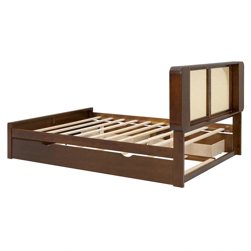Lit plateforme Queen Size avec tête de lit en rotin, 2 tiroirs et lit gigogne, cadre de lit en bois avec étagères