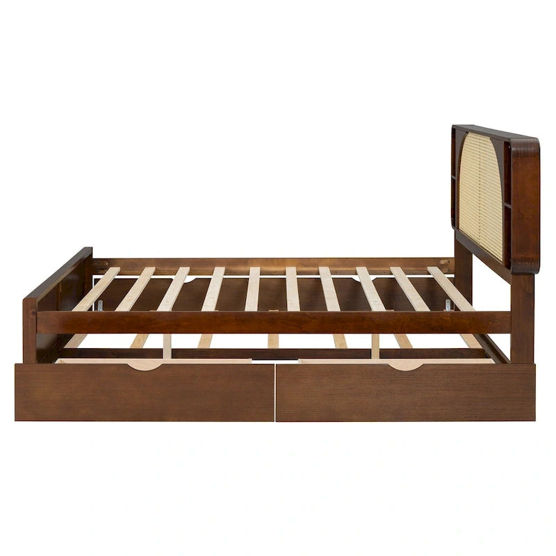 Lit plateforme Queen Size avec tête de lit en rotin, 2 tiroirs et lit gigogne, cadre de lit en bois avec étagères
