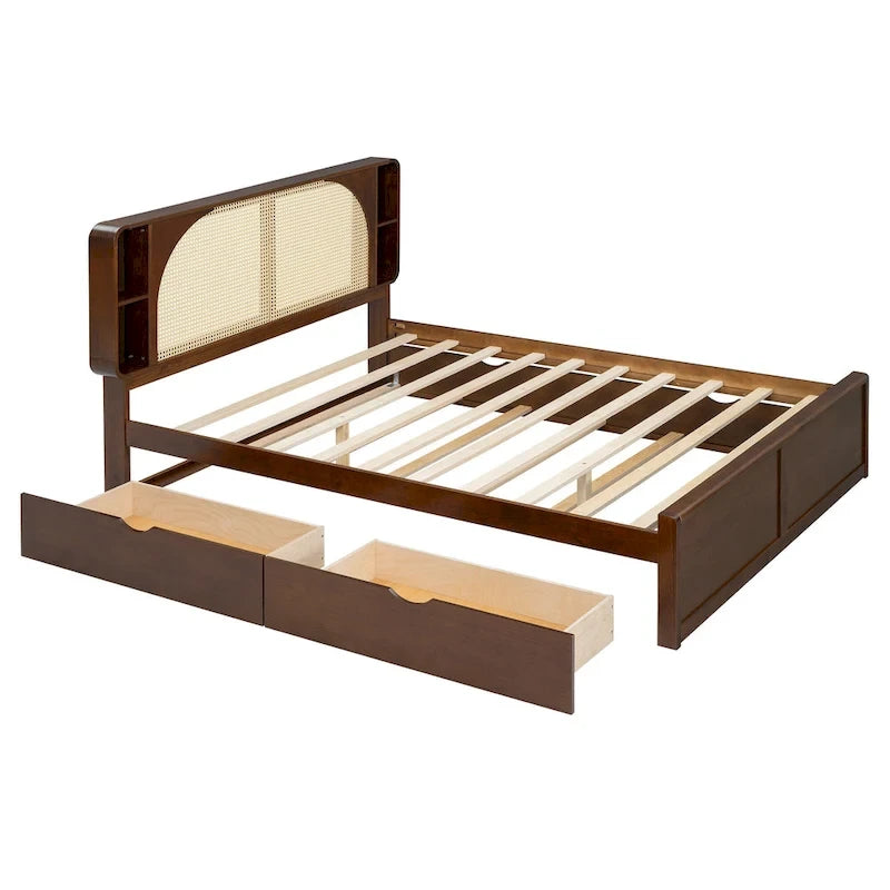 Lit plateforme Queen Size avec tête de lit en rotin, 2 tiroirs et lit gigogne, cadre de lit en bois avec étagères