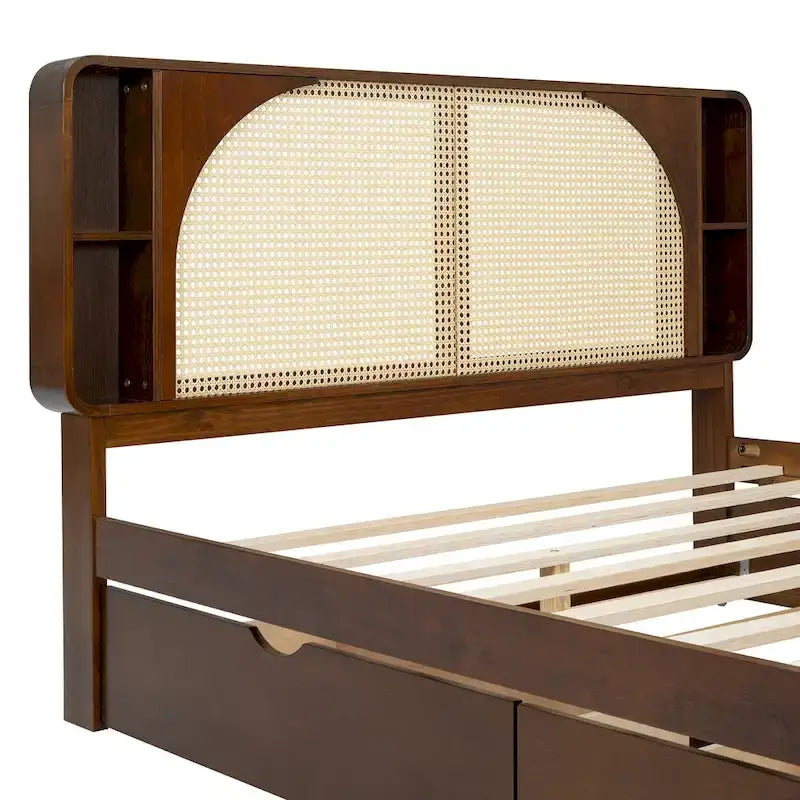 Lit plateforme Queen Size avec tête de lit en rotin, 2 tiroirs et lit gigogne, cadre de lit en bois avec étagères