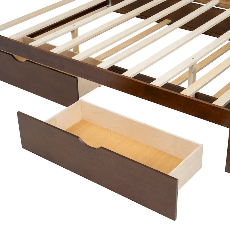 Lit plateforme Queen Size avec tête de lit en rotin, 2 tiroirs et lit gigogne, cadre de lit en bois avec étagères