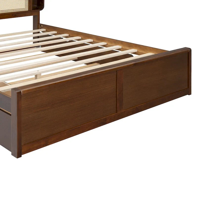 Lit plateforme Queen Size avec tête de lit en rotin, 2 tiroirs et lit gigogne, cadre de lit en bois avec étagères