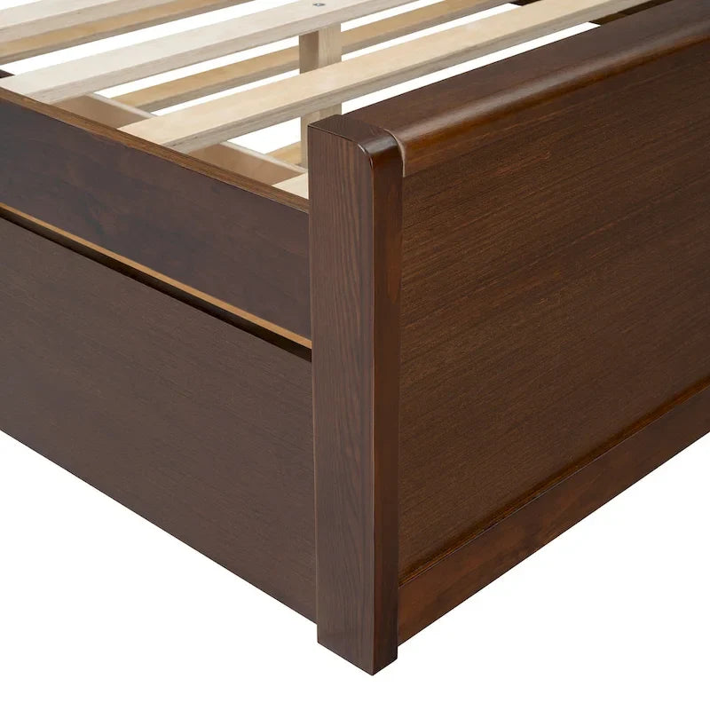 Lit plateforme Queen Size avec tête de lit en rotin, 2 tiroirs et lit gigogne, cadre de lit en bois avec étagères