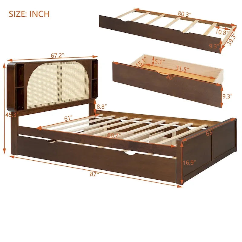 Lit plateforme Queen Size avec tête de lit en rotin, 2 tiroirs et lit gigogne, cadre de lit en bois avec étagères
