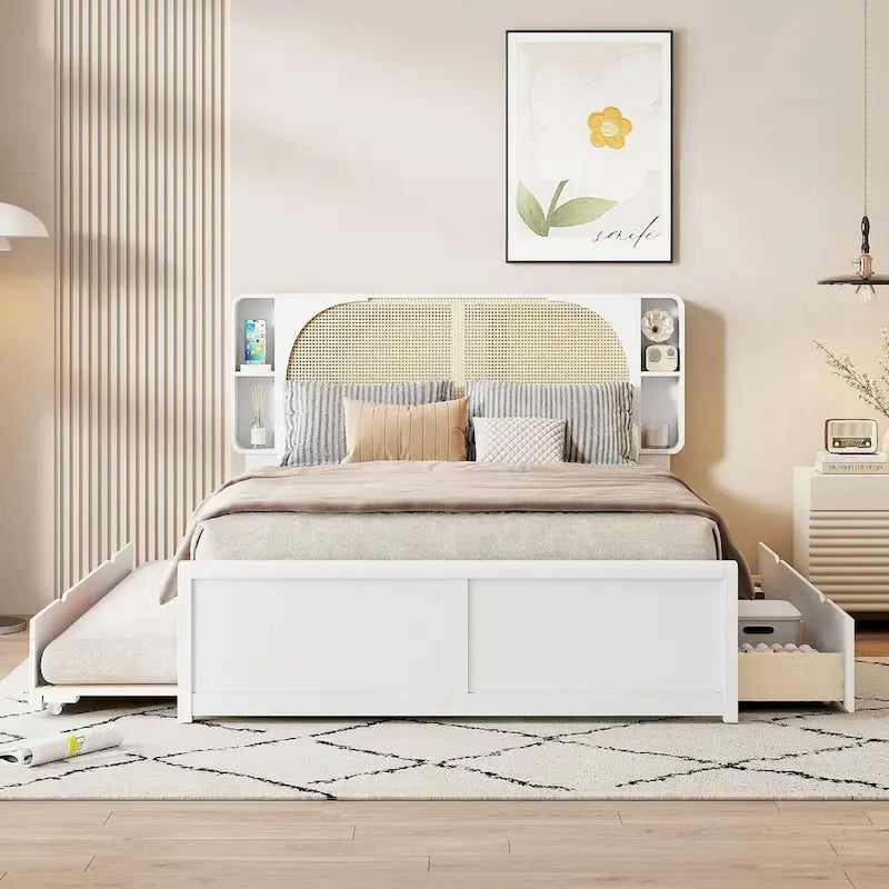 Lit plateforme Queen Size avec tête de lit en rotin, 2 tiroirs et lit gigogne, cadre de lit en bois avec étagères