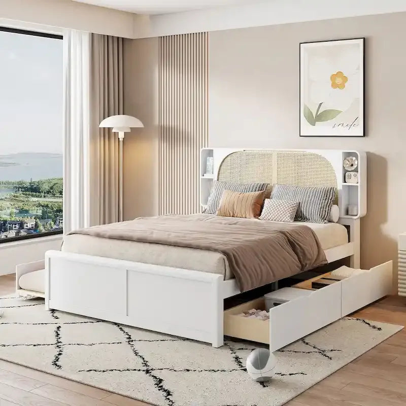Lit plateforme Queen Size avec tête de lit en rotin, 2 tiroirs et lit gigogne, cadre de lit en bois avec étagères