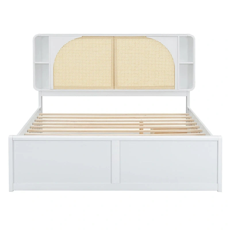 Lit plateforme Queen Size avec tête de lit en rotin, 2 tiroirs et lit gigogne, cadre de lit en bois avec étagères